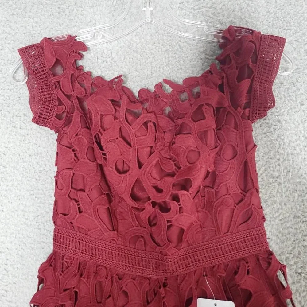 Chi Chi Womens Bardot Midi‎ Dress Fit & Flare Red Burgundy Lace Hem Lined 4 New - Picture 6 of 10